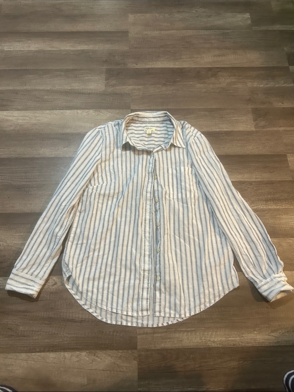 Style & Co. White Shirt with Navy Vertical Stripes - Size Medium